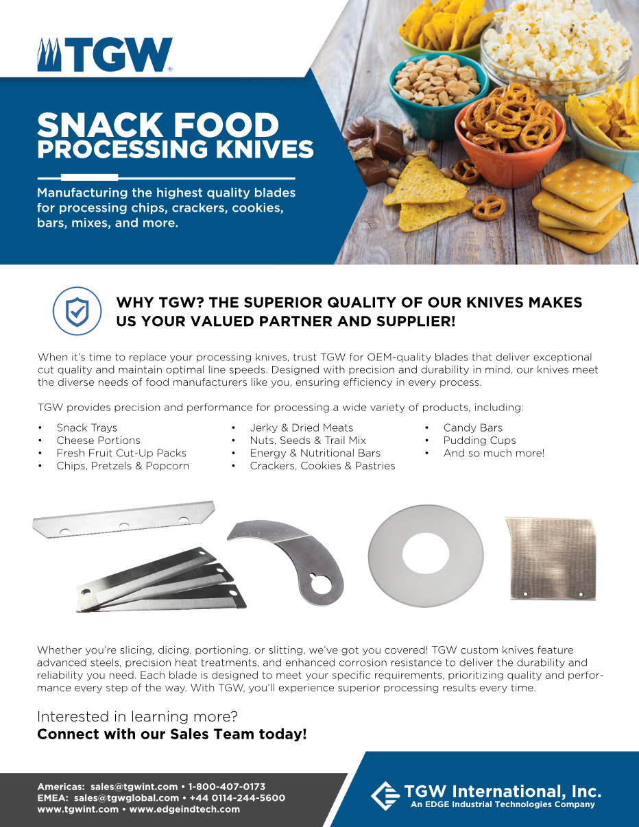 Flyer of TGW's high-performance cutting knives, ideal for cutting snack foods